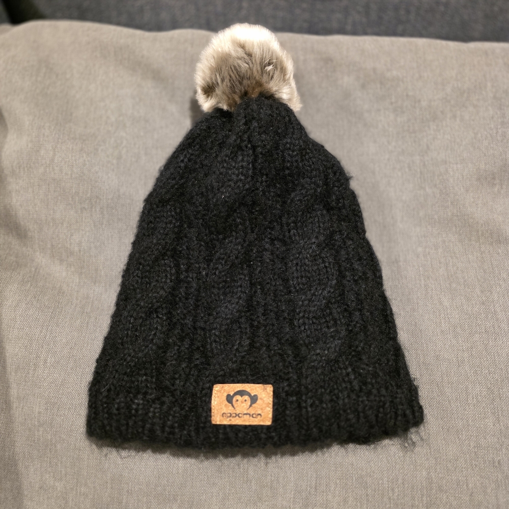 Appaman Black Knit Hat with Faux Fur Pom-Pom